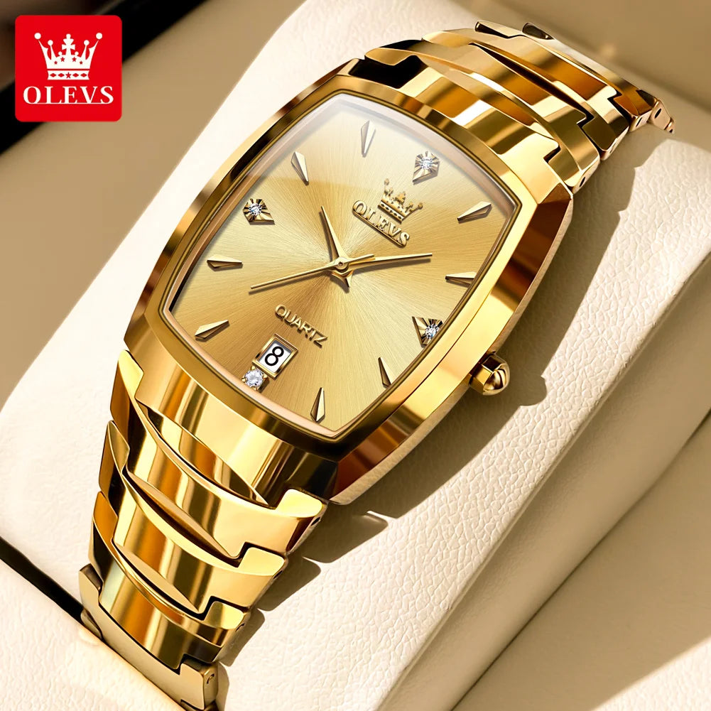 OLEVS 7006 Tonneau Tungsten Steel Couple Watch for Men Women Luxury Brand Quartz Lover's Watch His or Hers Waterproof Wristwatch