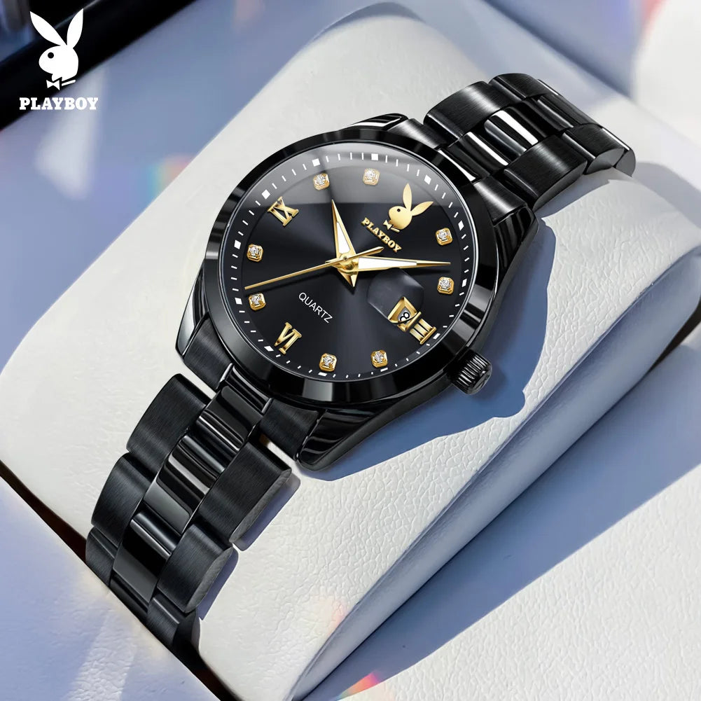 PLAYBOY New Original Luxury Women Watch Waterproof Calendar Luminous Stainless Steel Elegant Fashion Quartz Women's Wristwatch