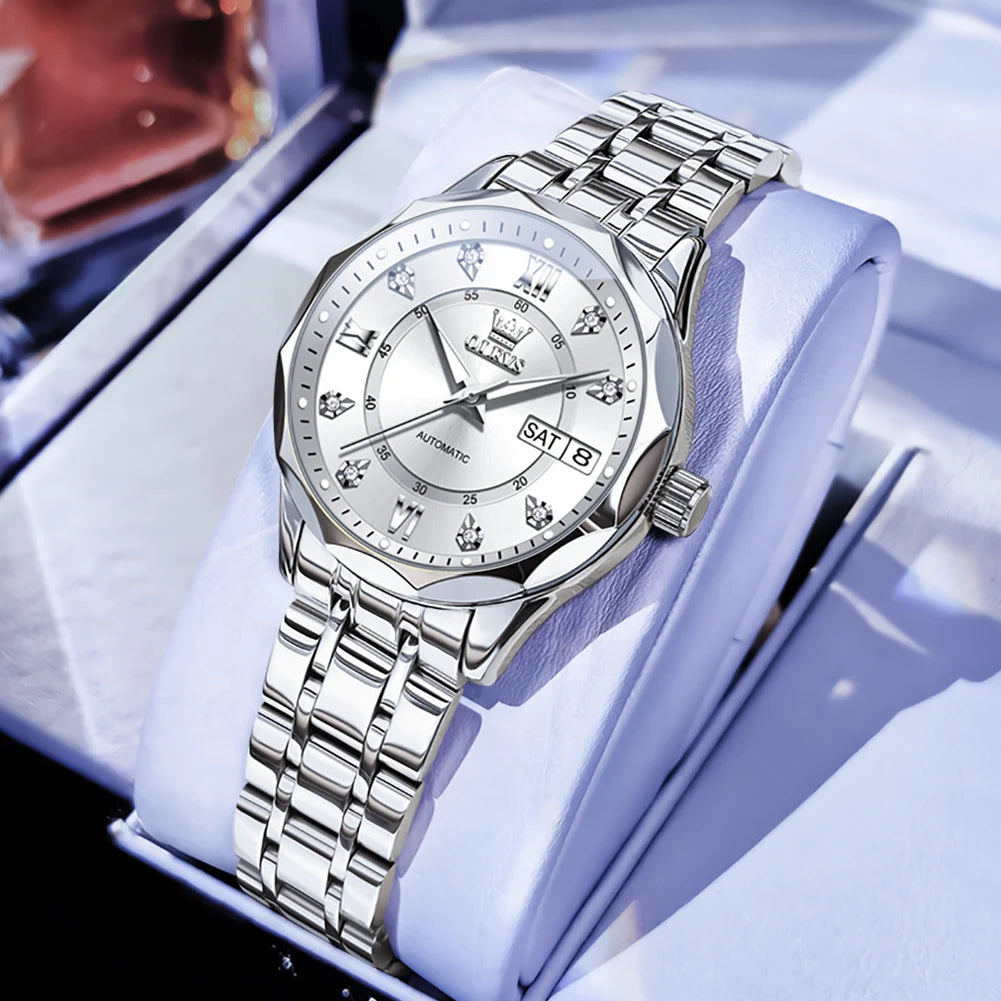 OLEVS 6727 Women's Watches Elegant Fashion Original Automatic Mechanical Watch for Lady Grey Double Scale Dial Waterproof Date
