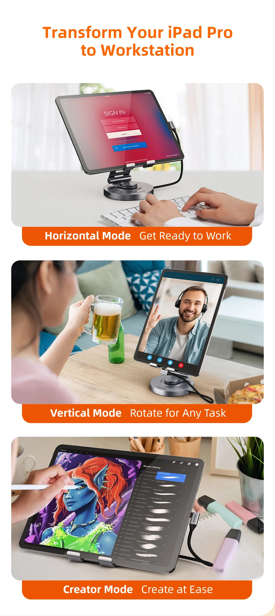 CABLETIME 8 in 1 Multi USB C Hub with 360 Rotating Stand HDMI 4K 60Hz PD 100W USB 5Gbps SD TF Aux 3.5mm for iPad Pro Tablet C441