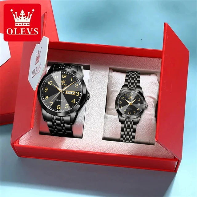 OLEVS 9970 Luxury Couple Watch Men Women Stainless Steel Waterproof Calendar Wristwatch Digital Dial Rhombus Mirror Lovers Watch