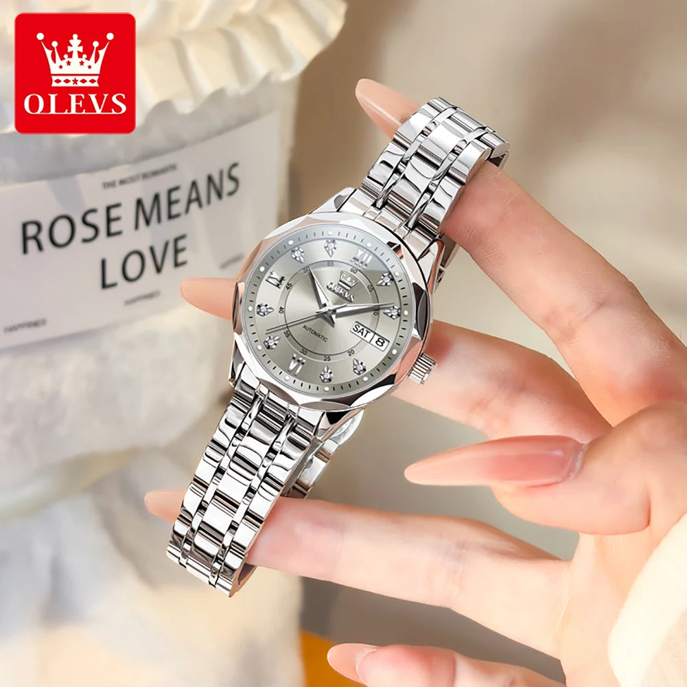OLEVS 6727 Women's Watches Elegant Fashion Original Automatic Mechanical Watch for Lady Grey Double Scale Dial Waterproof Date