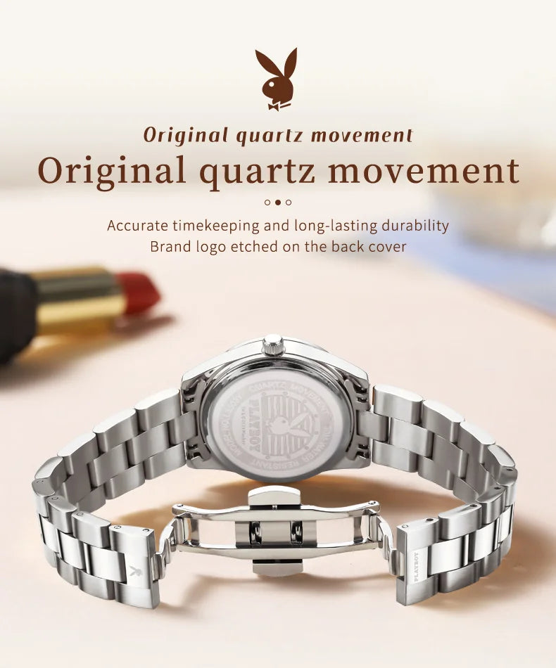 PLAYBOY New Original Luxury Women Watch Waterproof Calendar Luminous Stainless Steel Elegant Fashion Quartz Women's Wristwatch