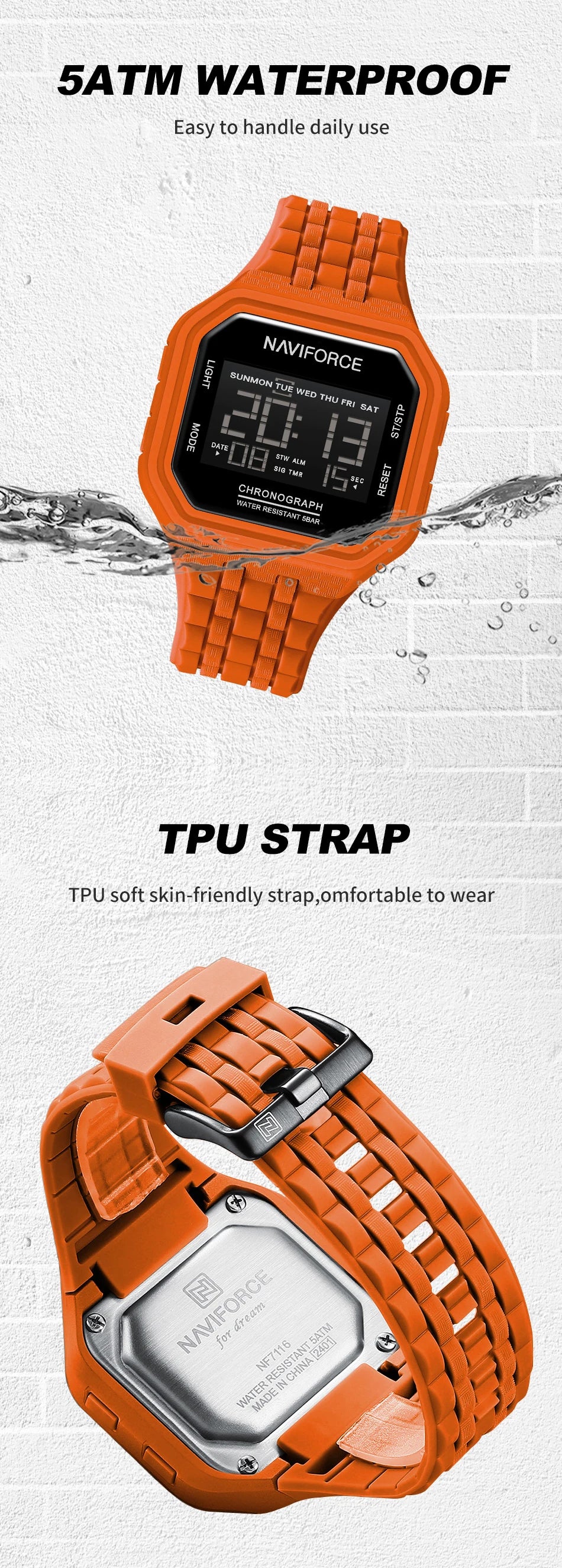 NAVIFORCE Top Luxury Brand Digital Men Wristwatch Waterproof Military Style Sport Man Watch Square Dial Fashion Reloj Hombre