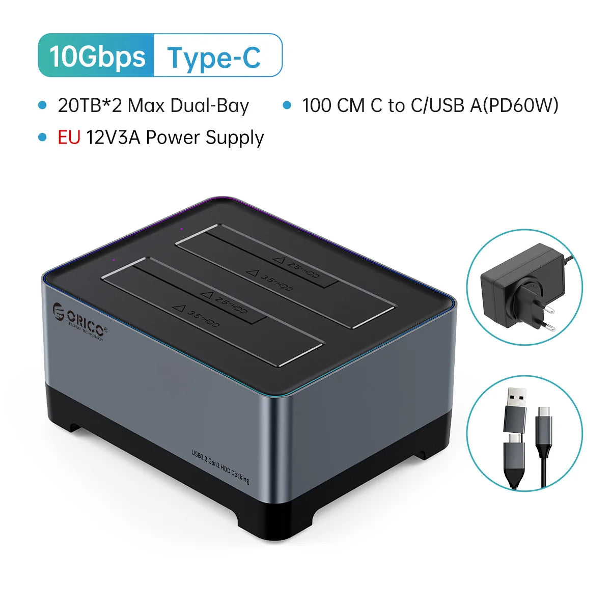 ORICO 3.5 Inch Dual-bay Type-C 5Gbps Hard Drive Docking Station for 2.5/3.5" HDD/SSD with 12V3A Power UASP Container Design