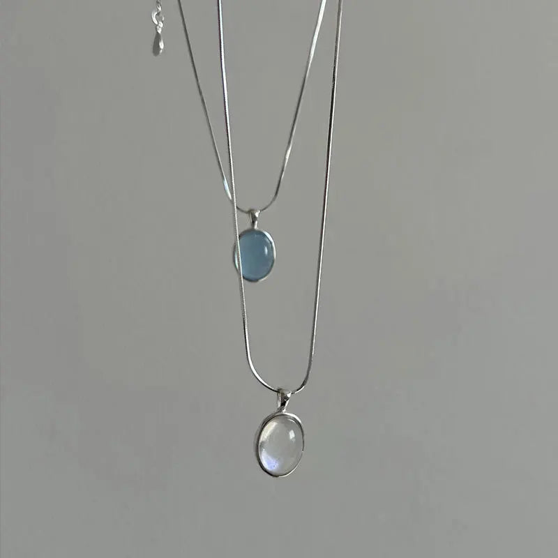 CHOZON S925 Sterling Silver Natural Moonstone Aquamarine Necklace New Product Unique Design Oval Natural Stone Snake Bone Chain