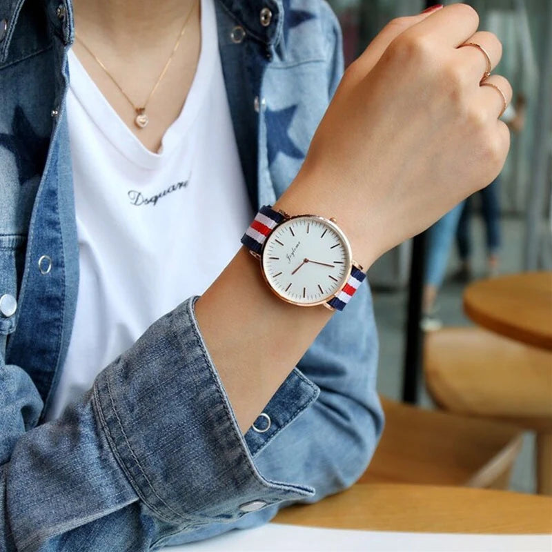 Fashion Women's Watch Top Brand Stripe Nylon Band Analog Quartz Wristwatch for Woman Simple Luxury Ladies Clock Gift Reloj Mujer