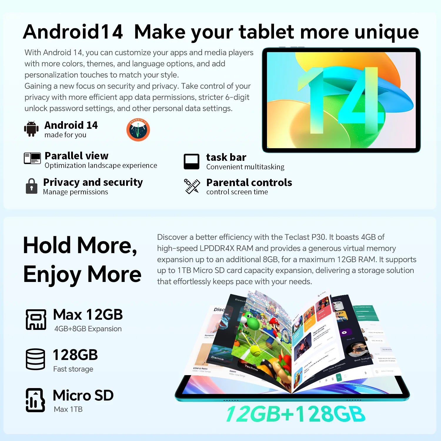 Teclast P30 Android 14 Tablet 10.1" IPS, Max 12GB RAM (4GB+8GB Expansion), 128GB ROM, UNISOC T606, Dual Cameras, Face Unlock