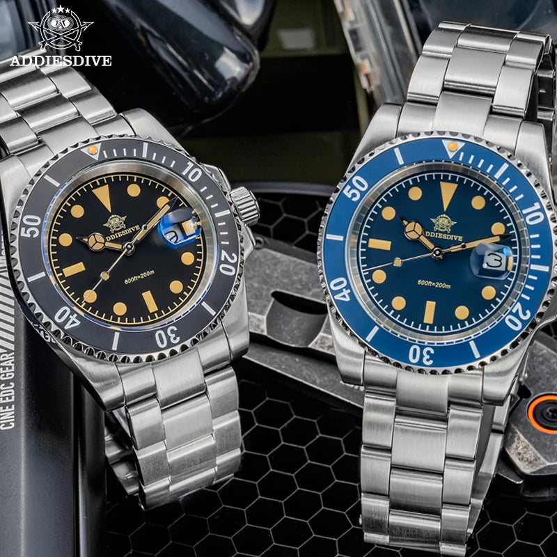 ADDIESDIVE AD2054 Stainless Steel Quartz Watch 200M Dive Watches Green Luminous Men's WristWatches Waterproof Relojes Masculino