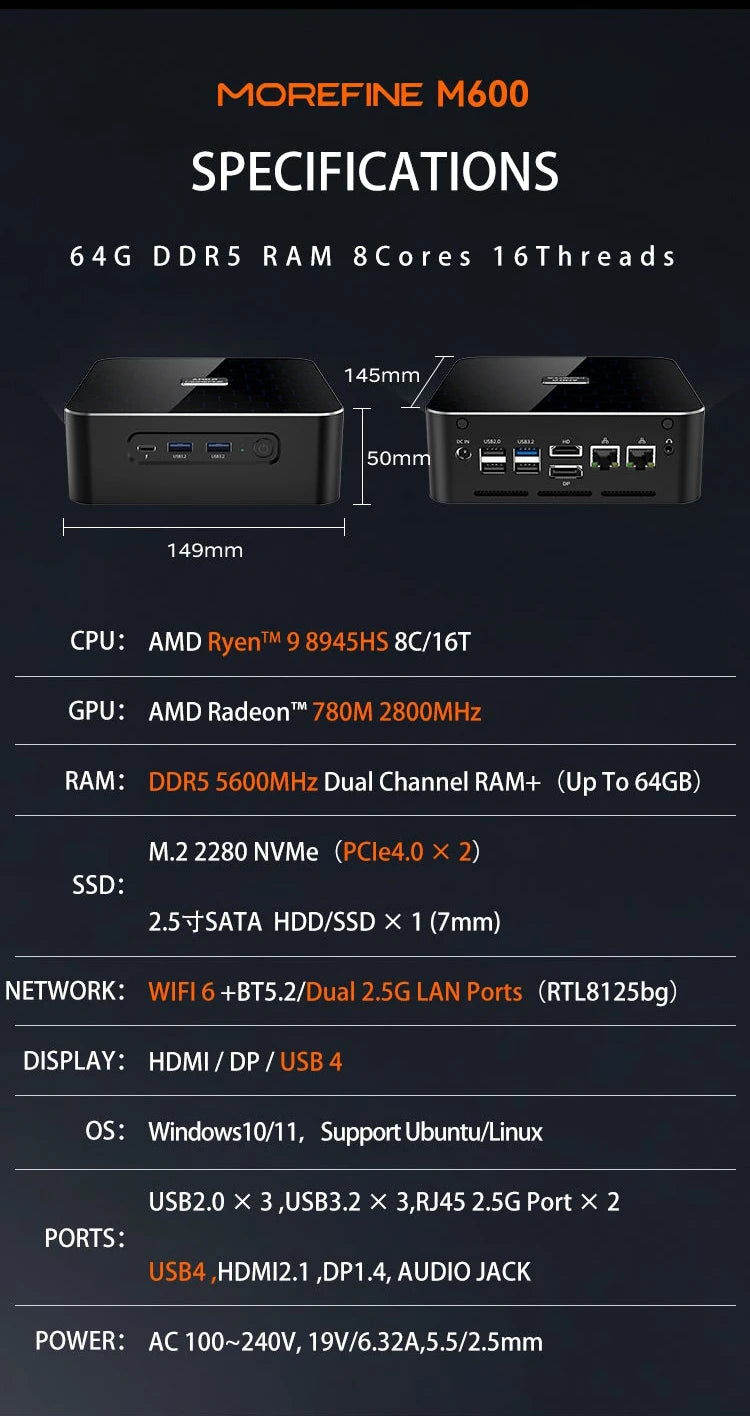 MOREFINE M600 AMD CPU 8945HS/8845HS/8645HS Mini PC 512GB Mini Computer 64G DDR5 PCIe4 Gaming Computer PC Gamer WIFI6 WIN11PRO