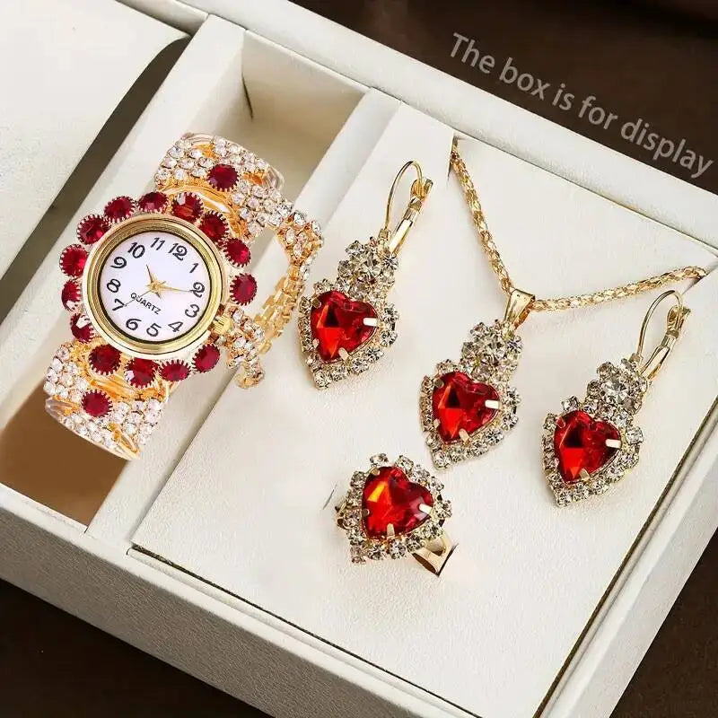 5PCS/Set Luxury Rhinestone Women Watches Fashion Adjustable Bangle Ladies Quartz Wristwatch Jewelry Set Reloj Mujer（Without Box）