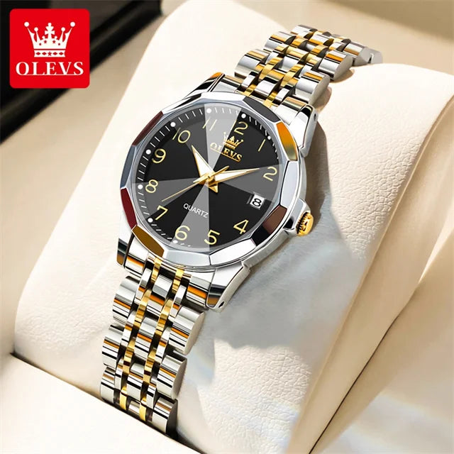 OLEVS 9970 Luxury Couple Watch Men Women Stainless Steel Waterproof Calendar Wristwatch Digital Dial Rhombus Mirror Lovers Watch