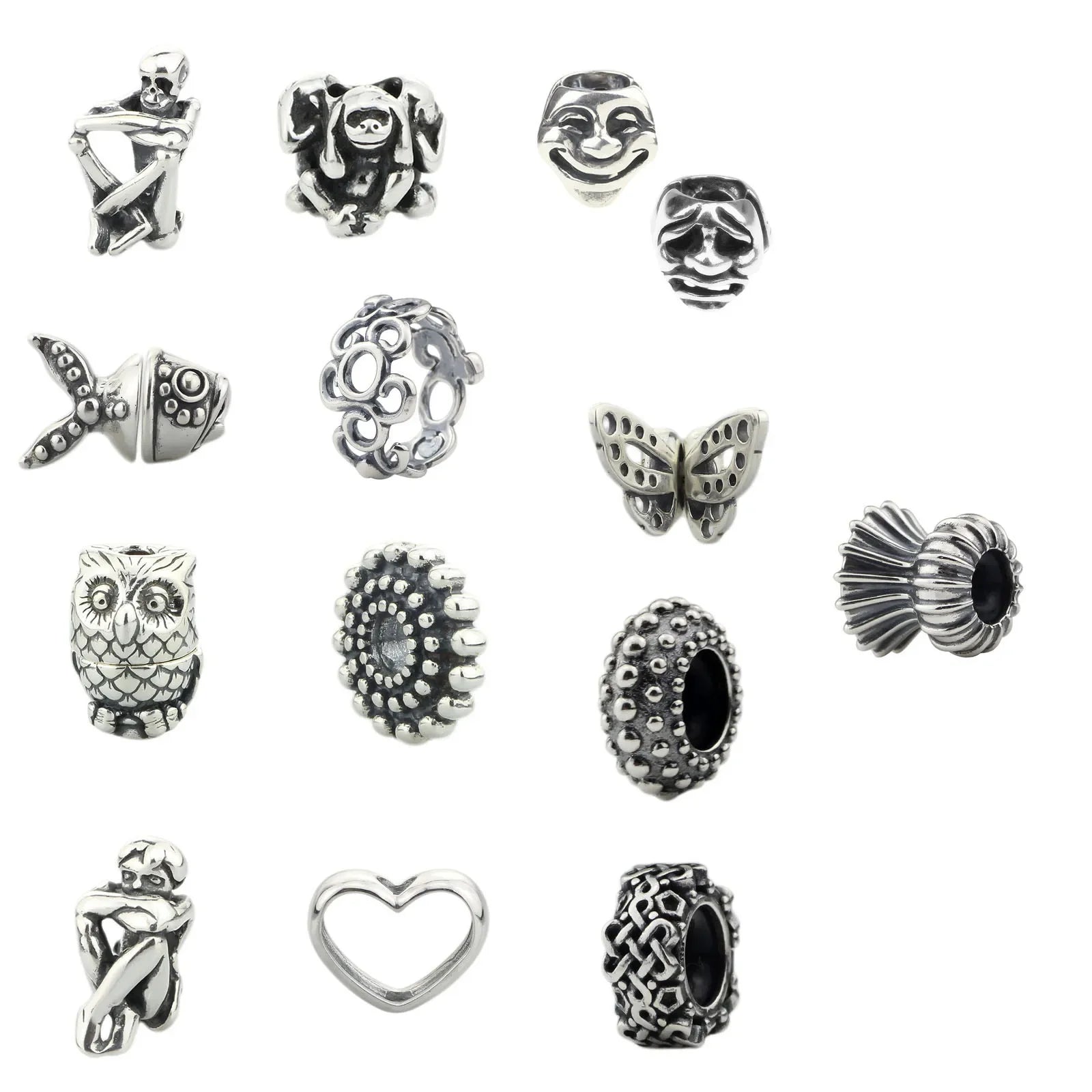 Real 925 Sterling Silver Beads Butterfly Skull Owl Conch Fish Charm Spacer Fit European Troll 3.0mm Bracelet Jewelry Original
