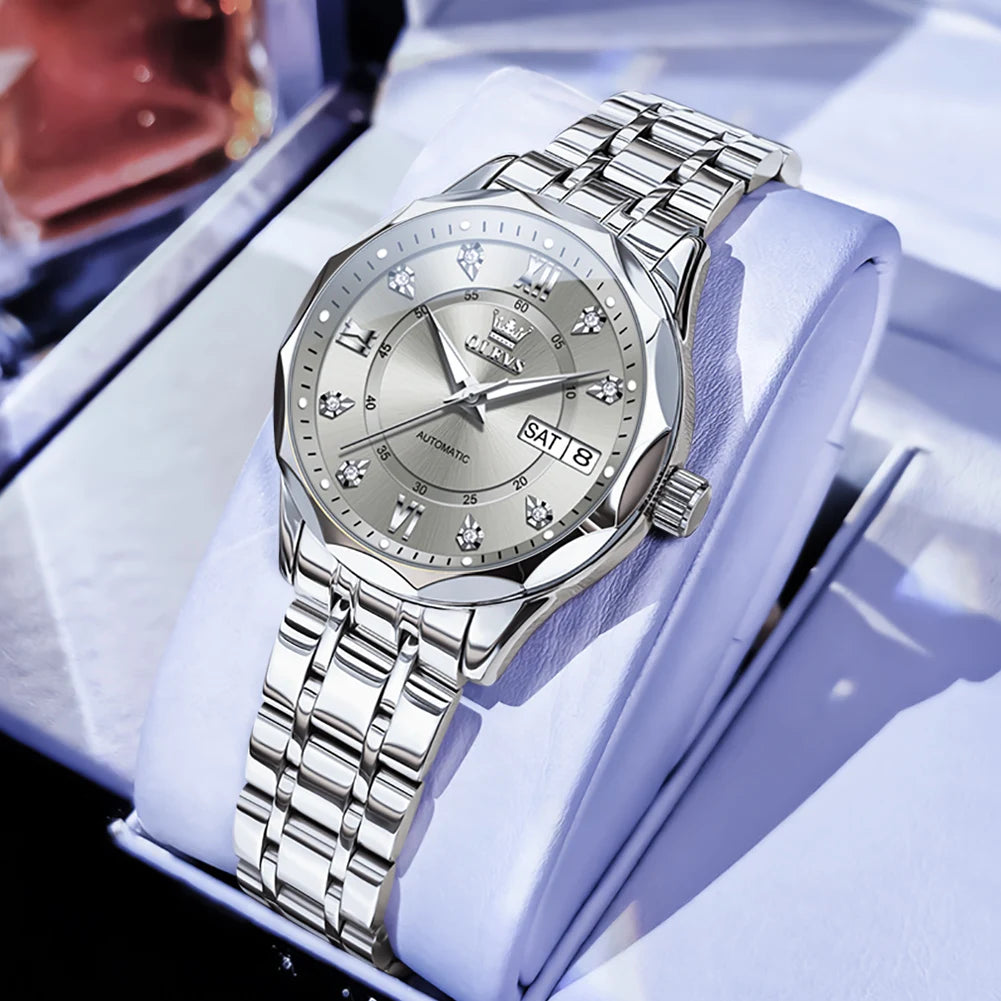 OLEVS 6727 Women's Watches Elegant Fashion Original Automatic Mechanical Watch for Lady Grey Double Scale Dial Waterproof Date