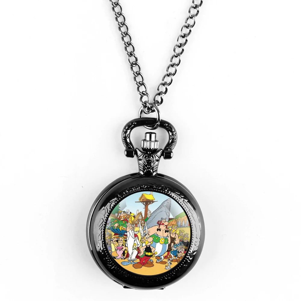 Asterix Design Glass Dome Unisex Arabic Numerals Dial Quartz Pocket Watch Women Man Necklace Pendant Accessory with Chain Gift