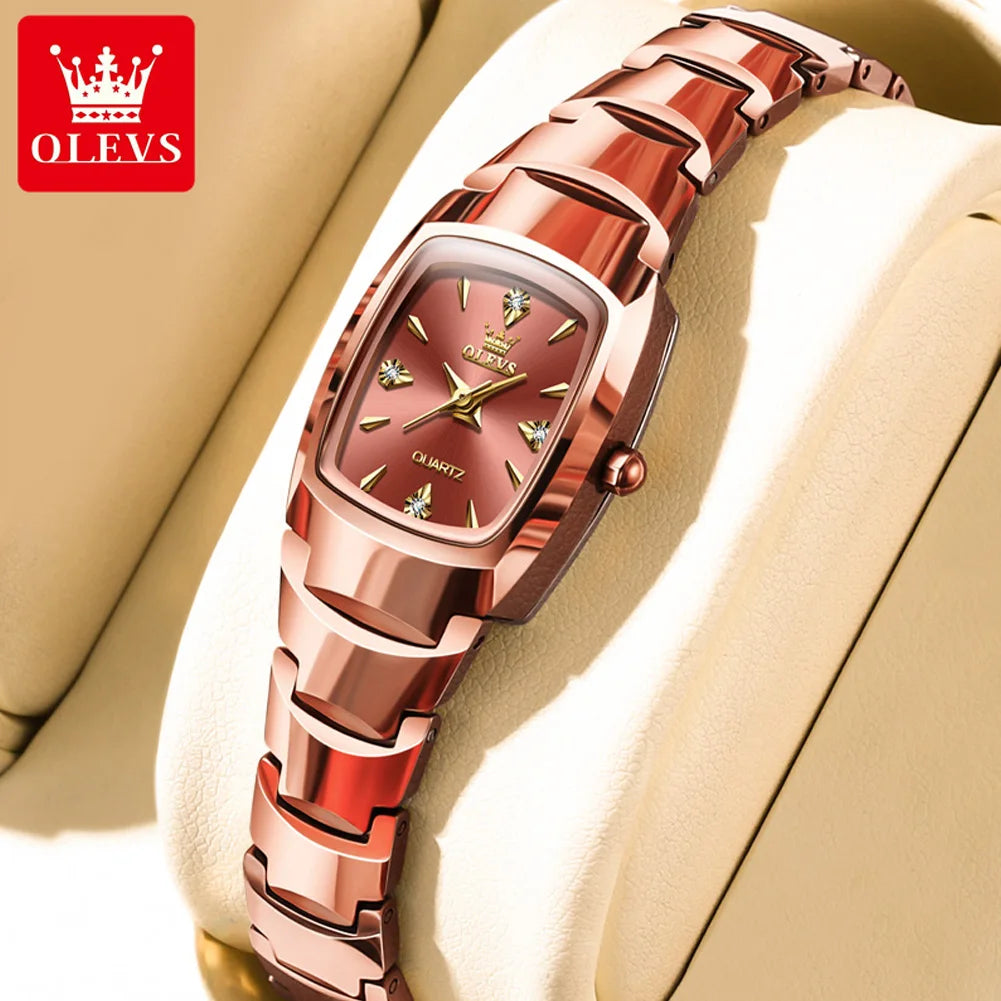 OLEVS 7006 Tonneau Tungsten Steel Couple Watch for Men Women Luxury Brand Quartz Lover's Watch His or Hers Waterproof Wristwatch