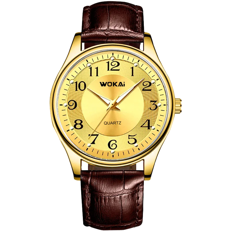 WOKAI high quality fashion casual yellow gold men's leather belt quartz watch men's business sports digital clock retro