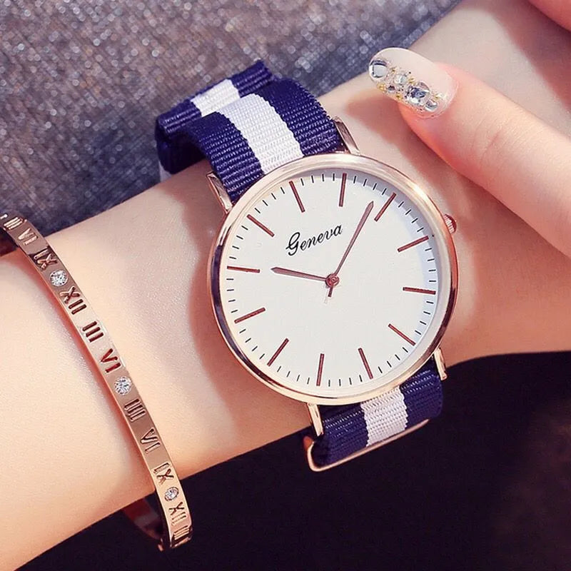 Fashion Women's Watch Top Brand Stripe Nylon Band Analog Quartz Wristwatch for Woman Simple Luxury Ladies Clock Gift Reloj Mujer