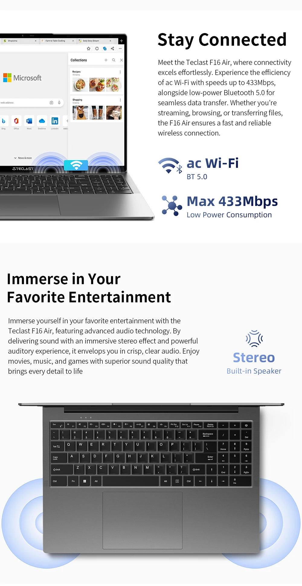 TECLAST F16 Air Laptop 16 inch Backlit Keyboard 180 Degree Flip 16GB RAM ROM 512GB 1920x1200 IPS fits Intel N95 CPU Support Mini-HDMI