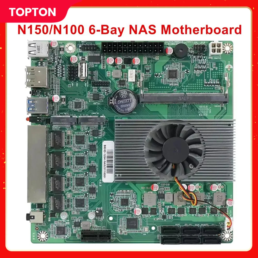Topton NAS Motherboard Intel N150 N100 6-Bay 6*SATA3.0 2*M.2 NVMe 4*2.5G Nics 1*PCIE X1 1*DDR5 Low Power Firewall ITX Mainboard