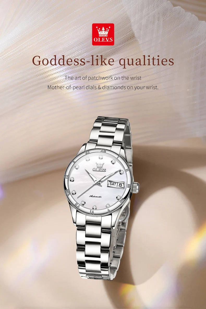OLEVS 7030 Automatic Watch for Women Luxury Diamond Scale Waterproof Calendar Mechanical Woman Watch Original Ladies Wristwatch