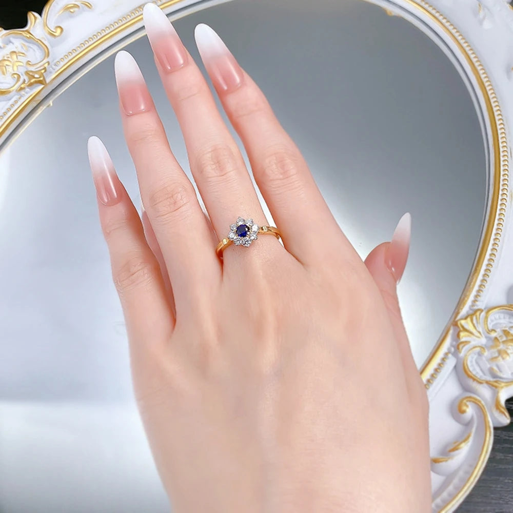 Wong Rain Solid 925 Sterling Silver Round Cut 4 MM Sapphire High Carbon Diamond Gemstone Flower Rings Fine Jewelry Wholesale