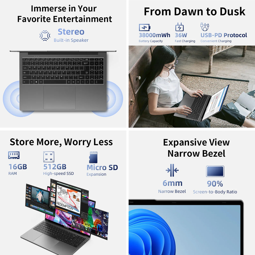 TECLAST F16 Air Laptop 16 inch Backlit Keyboard 180 Degree Flip 16GB RAM ROM 512GB 1920x1200 IPS fits Intel N95 CPU Support Mini-HDMI