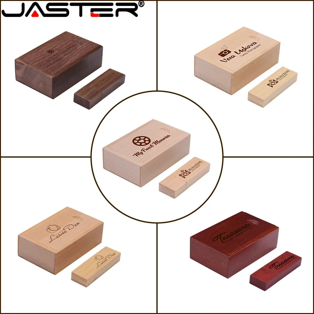 JASTER Free custom logo Photography wooden with box USB 2.0 Flash Drives64GB 32GB 16GB 8GB 4GB Memory stick Business gift U disk