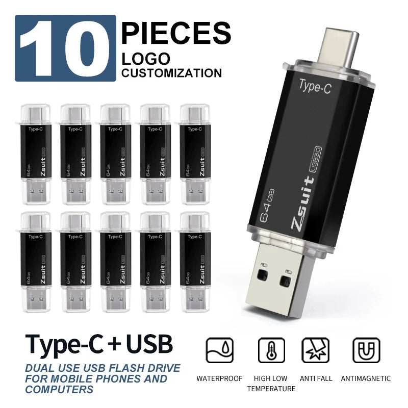 10Pcs/Lot Type-c Flash Drive 16GB 32GB Metal OTG 2 IN 1 Pen Drive 3.0/2.0 Memory Stick USB Free Logo cle Usb Waterproof U Disk