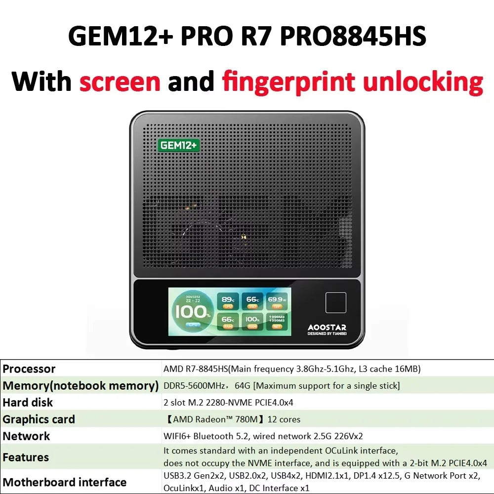 AOOSTAR GEM12+ Mini PC AMD Ryzen 7 PRO 8845HS 5.1GHz 32GB DDR5 1TB SSD Radeon 780M WiFi6 BT5.2 USB4 HDMI2.1 Mini PC Windows 11