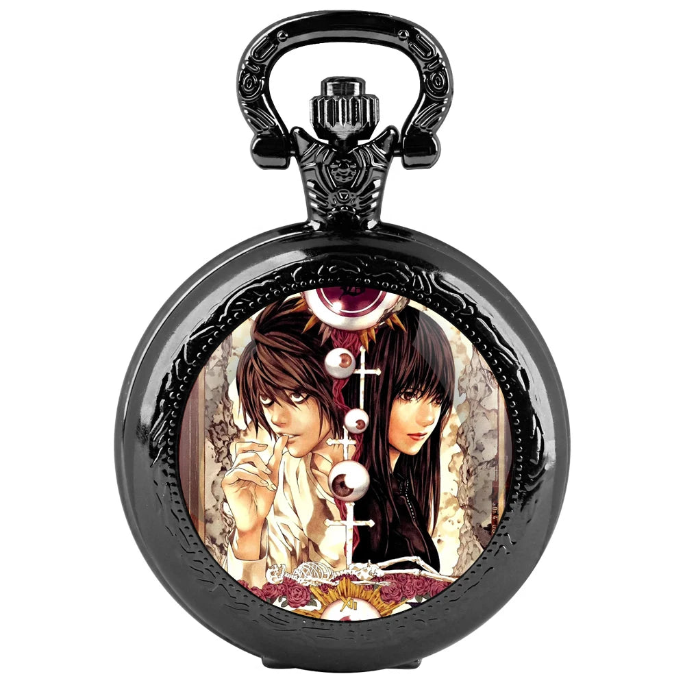 Death Note Design Black Quartz Pocket Watch Gift Set with Durable Chain and Arabic Numeral Face Timeless Present for Boy