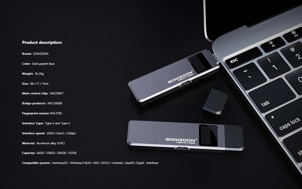 Sonizoon Fingerprint Encryption Portable SSD512/256GBWrite Protection Function Solid State USB Flash Drive TPYEC PenDrive USB3.2