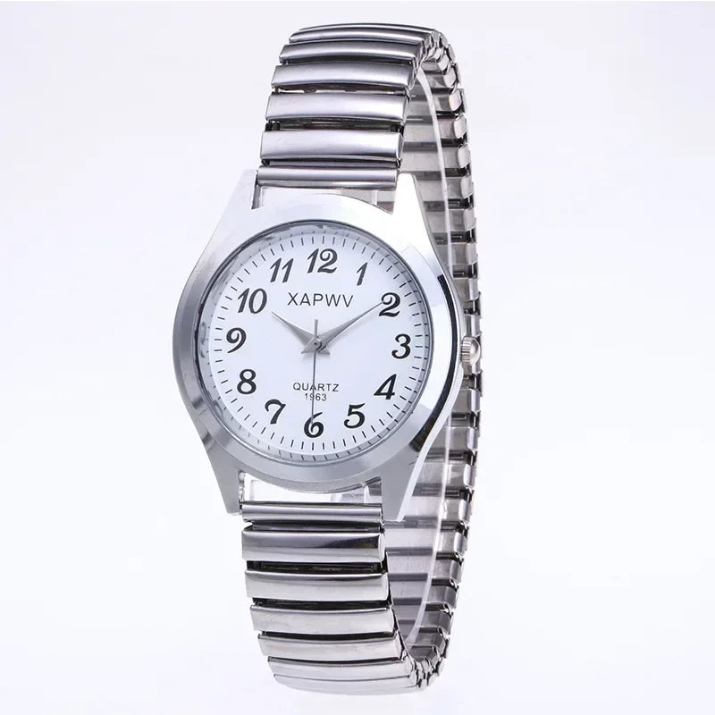 1PCs Classic Vintage Business Women Men Elastic Gold Sliver Quartz Watch Tide Lovers Couple Bracelet Watches Party Office Gifts