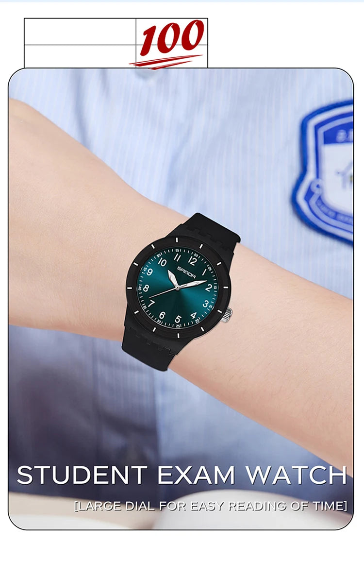 SANDA 9075 Casual Student Quartz Watch Simple Waterproof Silicone Strap Night Light Fashion Girls and Boys Watch Simple Daily