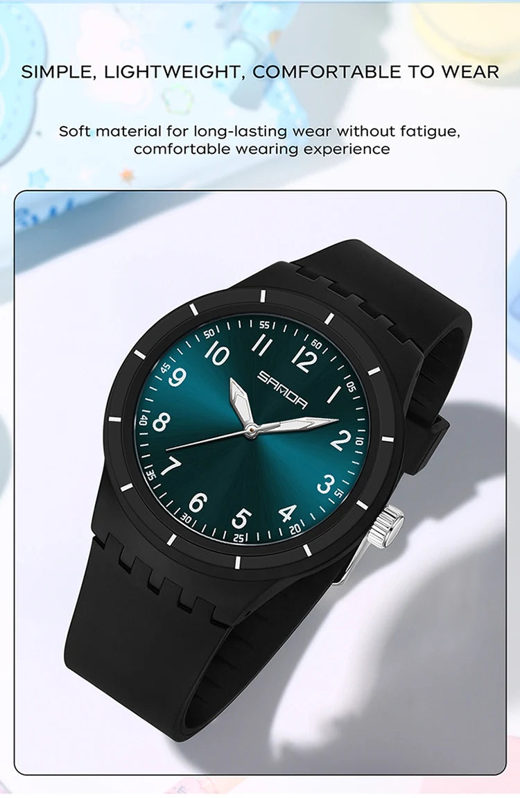 SANDA 9075 Casual Student Quartz Watch Simple Waterproof Silicone Strap Night Light Fashion Girls and Boys Watch Simple Daily