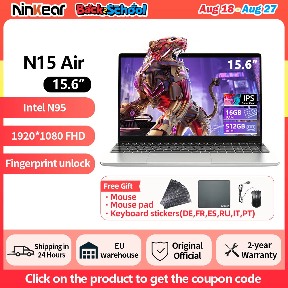 Ninkear N15 Air Laptop 15,6" IPS 1080P IPS Intel N95 3.4Ghz 16GB RAM 512GB SSD General Use Productivity Windows 11 pro Notebook