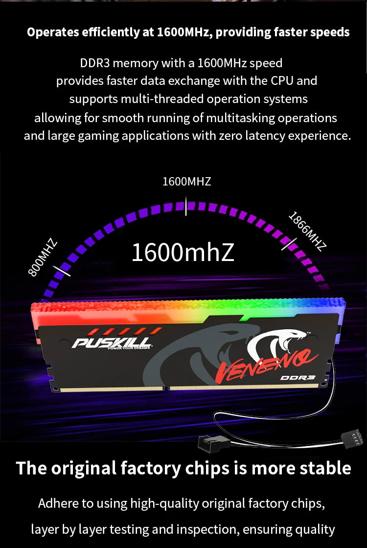 PUSKILL Memoria RAM DDR3 1600MHz 8GBx2 RGB PC3 Dual-Channel Desktop DIMM Memory Rams