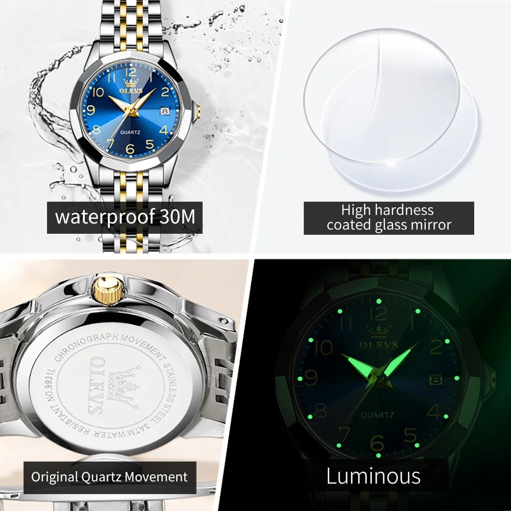 OLEVS 9970 Couple Watch For Men Women Luxury Number Dial Rhombus Mirror Quartz Hand Clock Stainless Steel Original Dress Watches