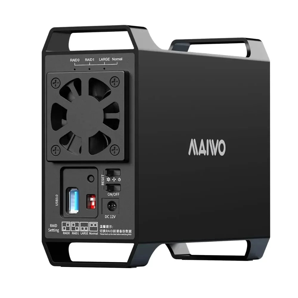 MAIWO 3.5" Dual Bay SATA HDD Hard Drive Enclosure with Cooling Fan for 4 Raid Modes USB 3.0 5Gbps 48TB Capacity Aluminum Alloy