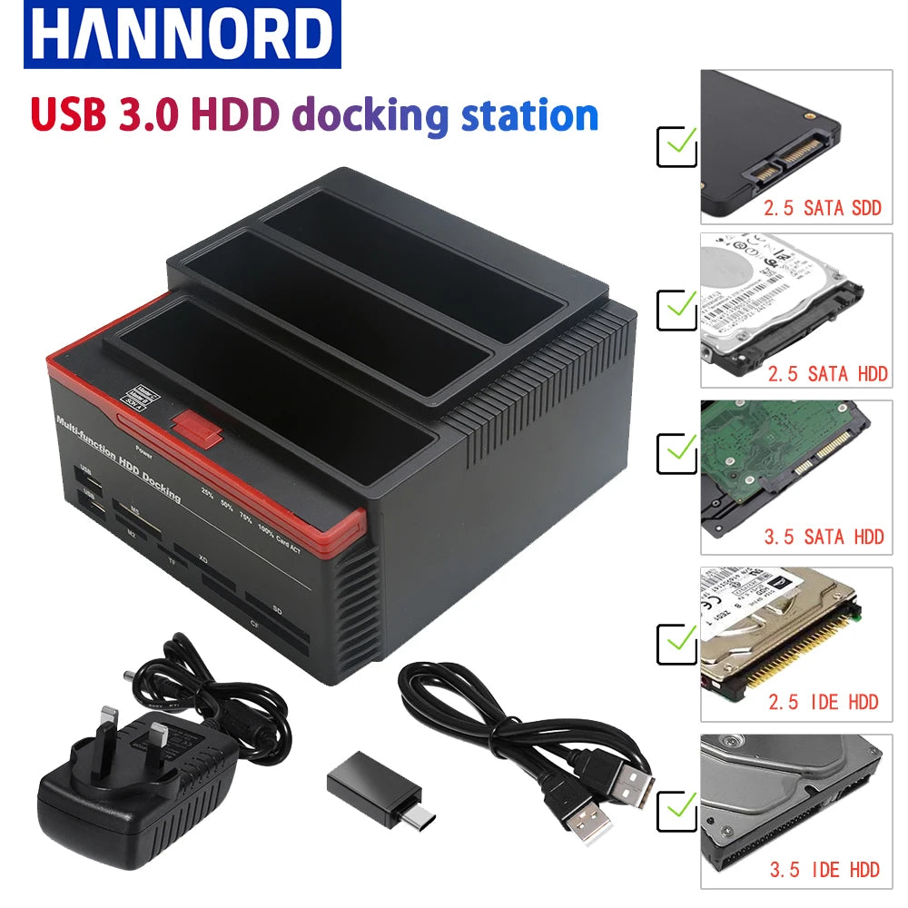 2.5/3.5" SATA IDE HDD Hard Drive Disk Docking Station External Adapter SATA to USB 3.0 Type C Hub MS/M2/XD/CF/SD/TF Card Reader