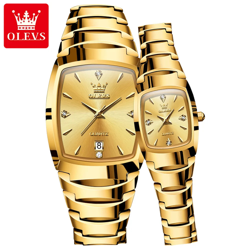 OLEVS 7006 Tonneau Tungsten Steel Couple Watch for Men Women Luxury Brand Quartz Lover's Watch His or Hers Waterproof Wristwatch