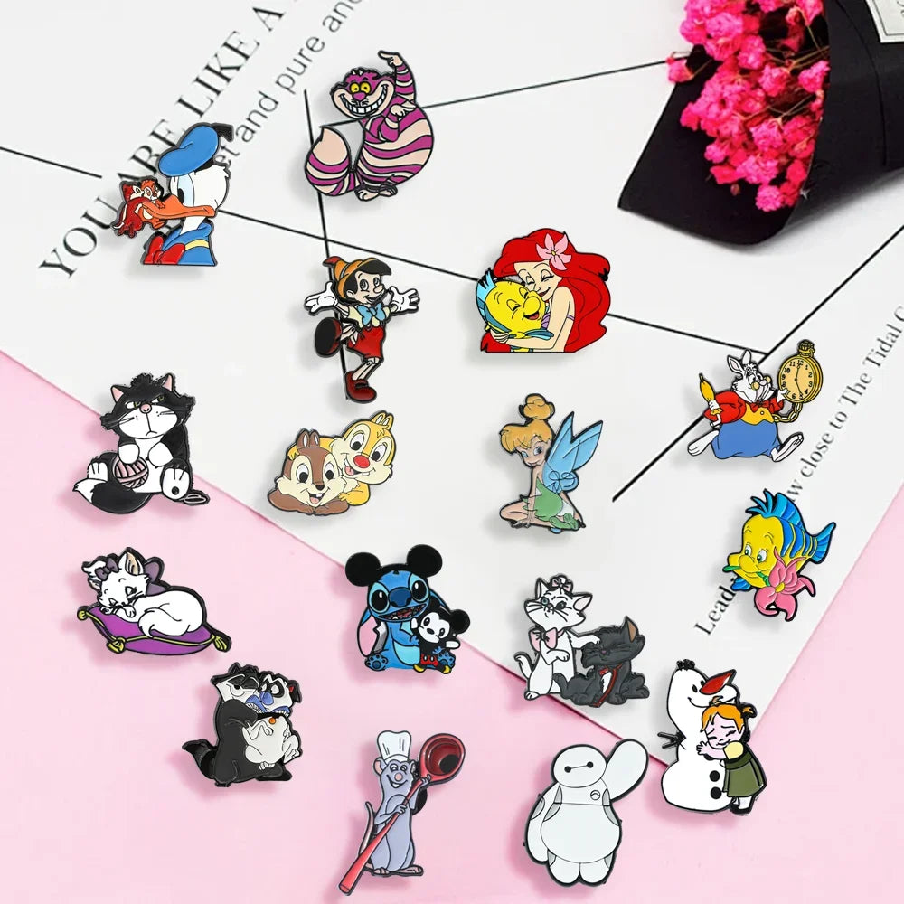16 Pcs Creativity Character Brooch Mermaid Marie Donald Duck Enamel Pin Backpack Clothing Jewelry Metal Badge Accessories Gift