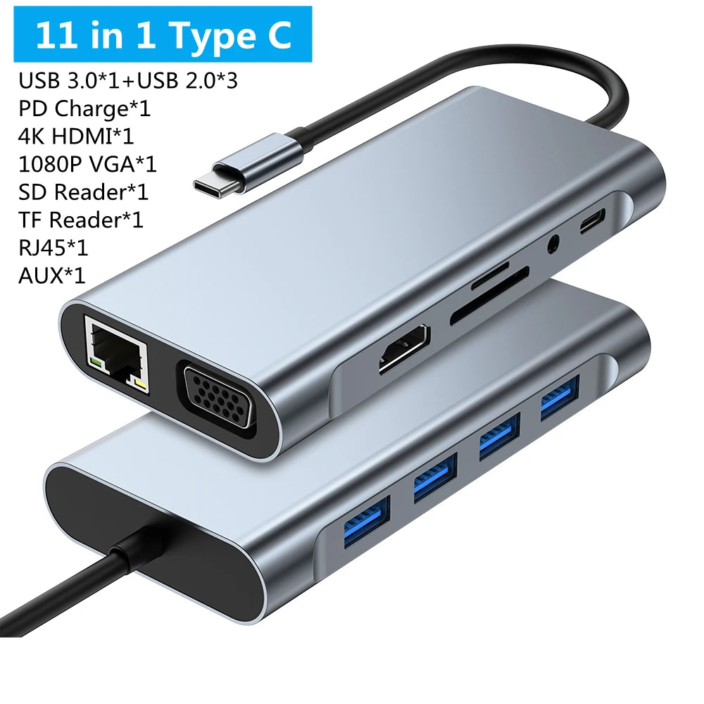 8/11/12-in-1 Type C Dock USB C Hub 3.0 Splitter Multiport Adapter 4K HDMI RJ45 SD/TF VGA HDMI PD for Laptop MacBook iPad xiaomi
