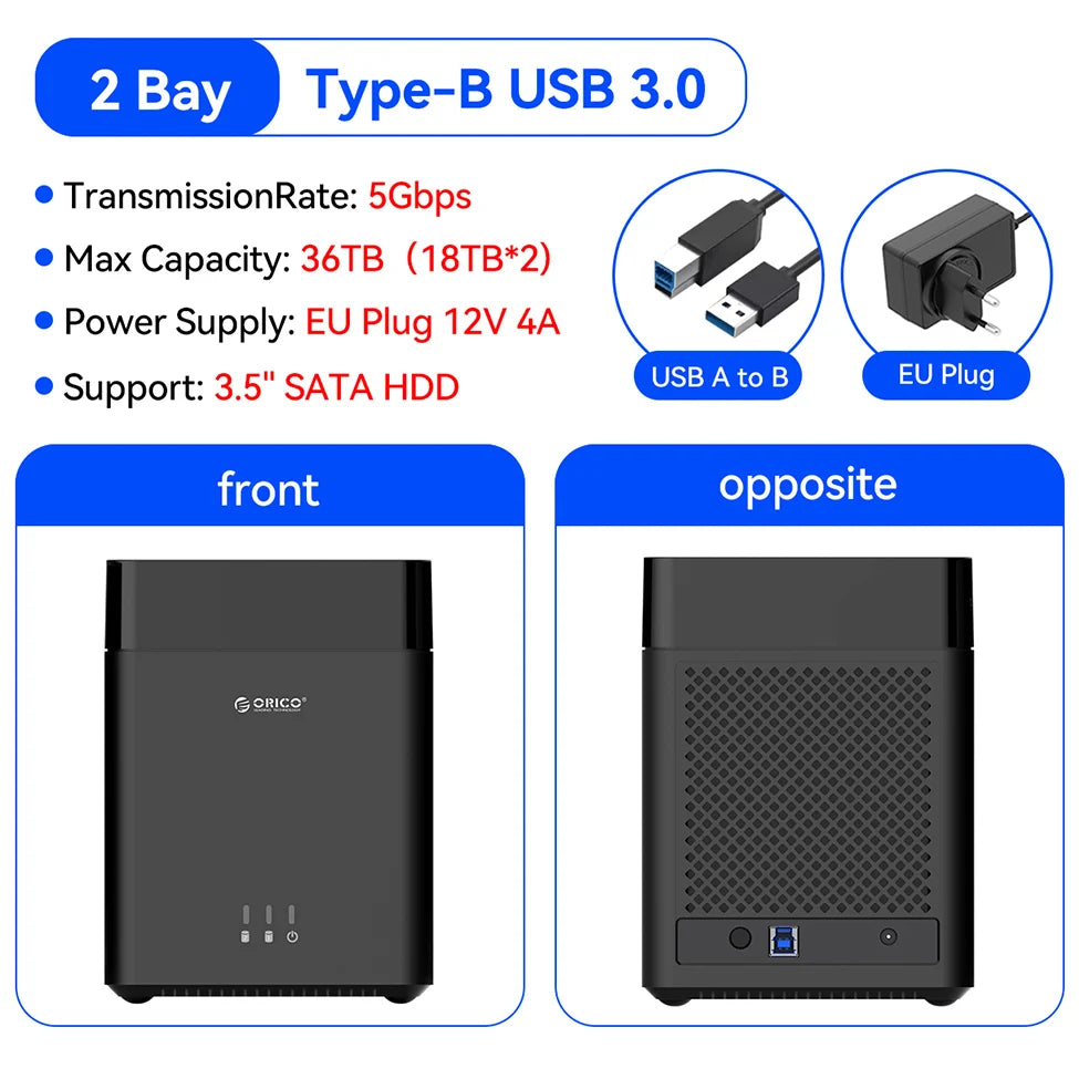 ORICO 2 Bay HDD Enclosure Hard Drive Case 3.5" SATA Docking Station USB 3.0 Type C DAS Storage Box 36TB Expansion for PC Laptop