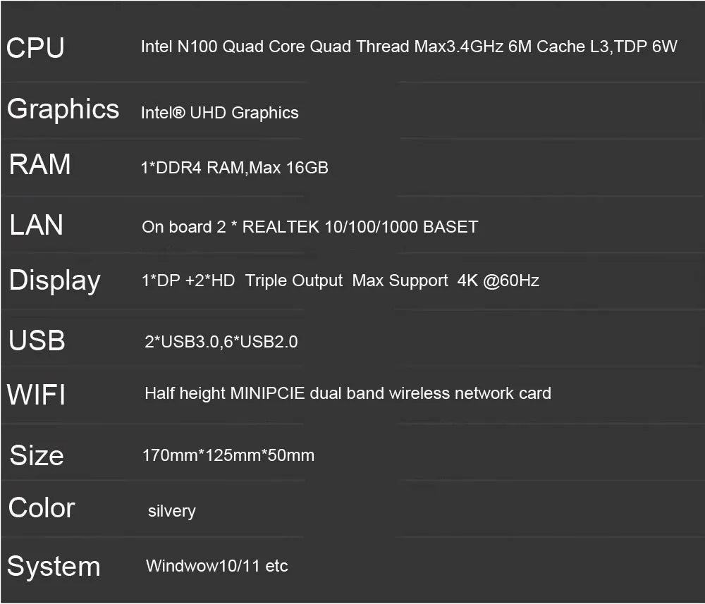 Fanless Mini PC 12th gen Intel Celeron N100 Desktop Gaming Computer DDR4 Support wifi6 3*Screen 2*HDMI 1*DP Windows11 2*LAN