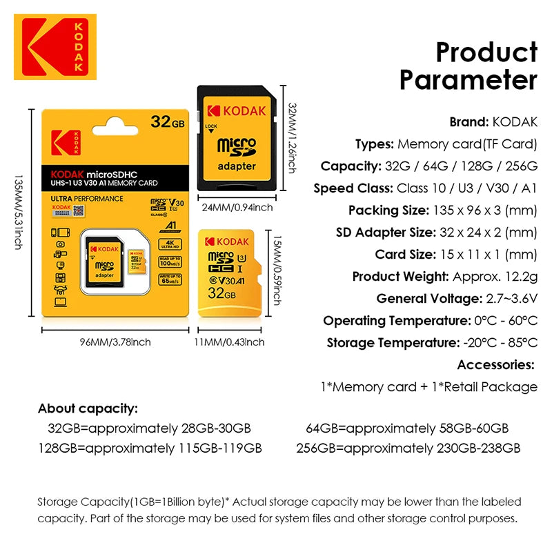 Original Kodak Micro SD Card 128GB Class10 Memory Cards 64GB Flash Card 256GB 32GB V30 U3 cartao de memoria For Driving Recorder