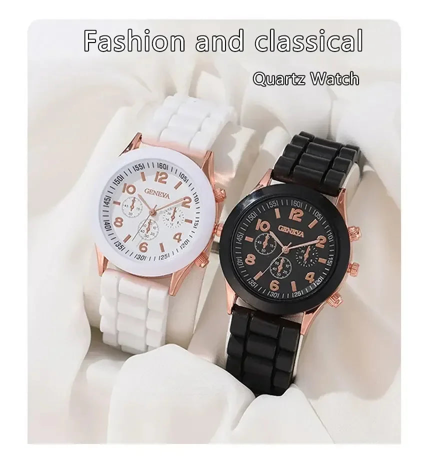 2Pcs Luxury Women's Watch Set Fashion Luxury Elegant Alloy Wristwatch Silicone Strap Couple Watch Men Quartz Holiday Gifts