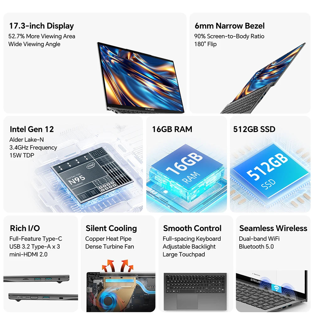 TeclastF17PlusLaptop 17.316GBRAM512GB SSDIntel N95 Windows11ProNotebook180°FlipLaptopsComputerBacklitKeyboardminiHDMIUSB3.2x3