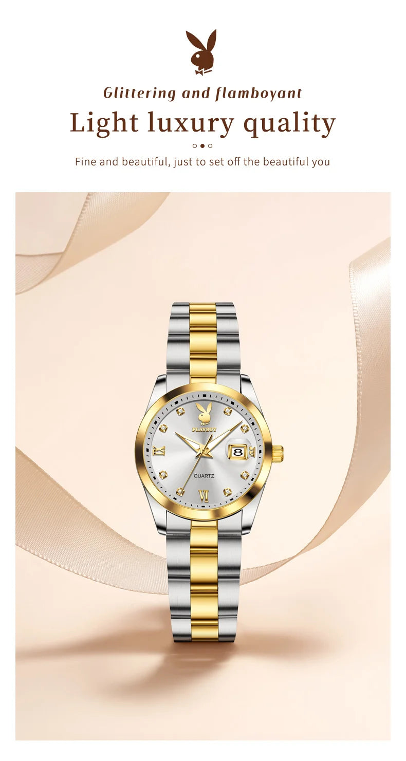 PLAYBOY New Original Luxury Women Watch Waterproof Calendar Luminous Stainless Steel Elegant Fashion Quartz Women's Wristwatch
