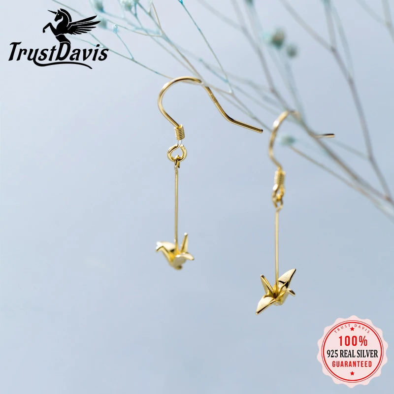 Trustdavis 925 Sterling Silver Lovely Paper Crane Sweet Long Dangle Earrings For Women Girl Lady Fashion Silver 925 Jewelry DT53